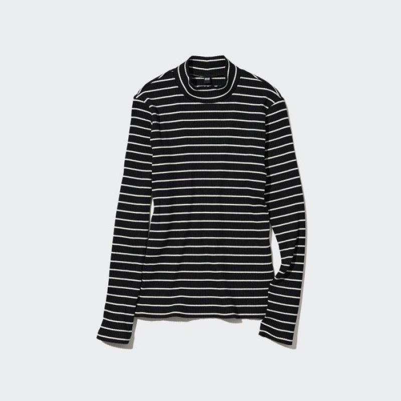 Women Uniqlo Ribbed Striped High Neck Long-Sleeve T Shirts Black | 8791290