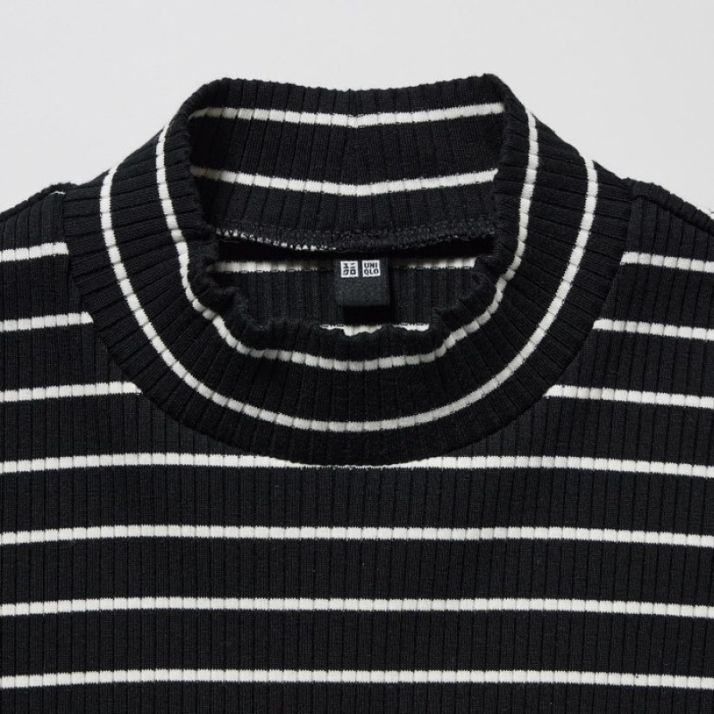 Women Uniqlo Ribbed Striped High Neck Long-Sleeve T Shirts Black | 8791290