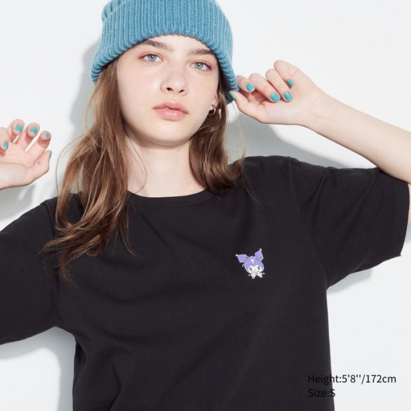 Women Uniqlo Sanrio characters UT Short-Sleeve T Shirts Black | 6014252