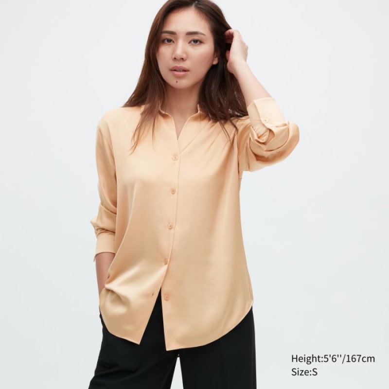 Women Uniqlo Satin Long-Sleeve Blouse Beige | 4343300