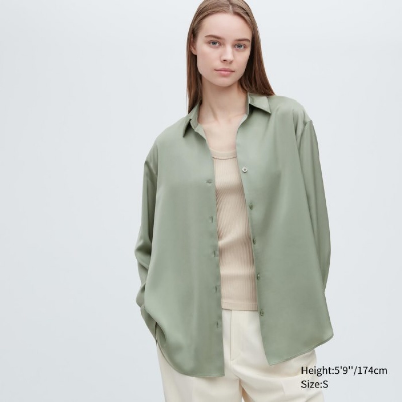Women Uniqlo Satin Long-Sleeve Blouse Green | 2982185
