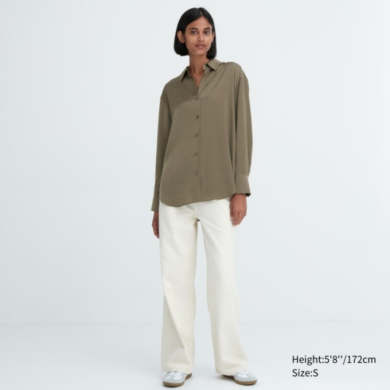 Women Uniqlo Satin Long-Sleeve Blouse Olive | 3009253