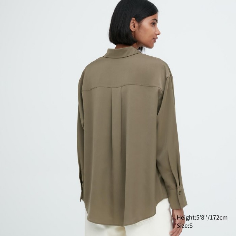 Women Uniqlo Satin Long-Sleeve Blouse Olive | 3009253