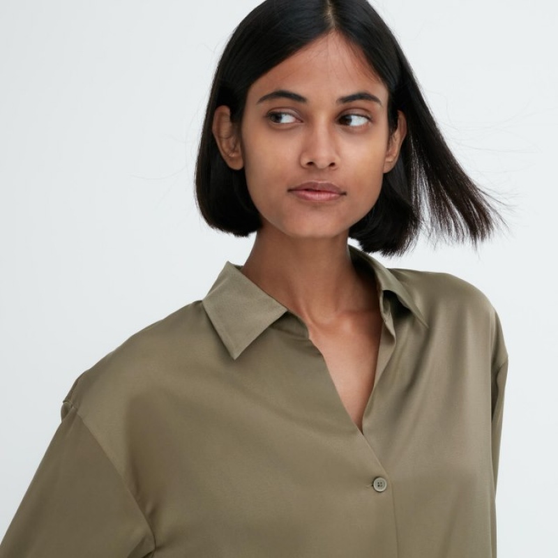 Women Uniqlo Satin Long-Sleeve Blouse Olive | 3009253