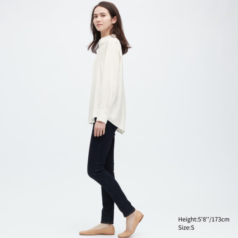 Women Uniqlo Satin Long-Sleeve Blouse White | 5444038