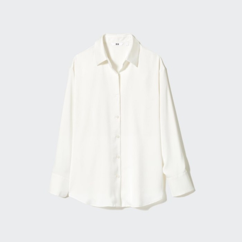 Women Uniqlo Satin Long-Sleeve Blouse White | 5444038