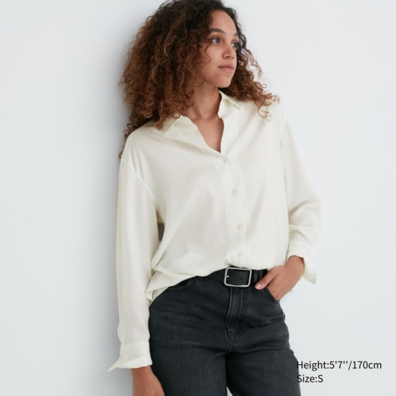 Women Uniqlo Satin Long-Sleeve Blouse White | 5444038