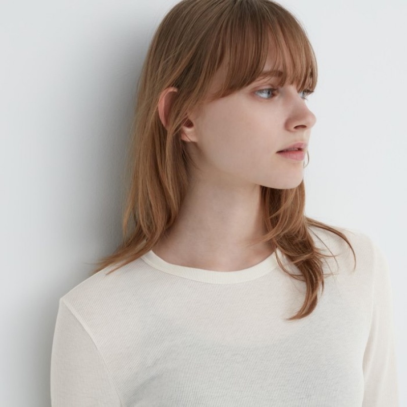 Women Uniqlo Sheer Jersey Crew Neck Long-Sleeve T Shirts White | 1438913