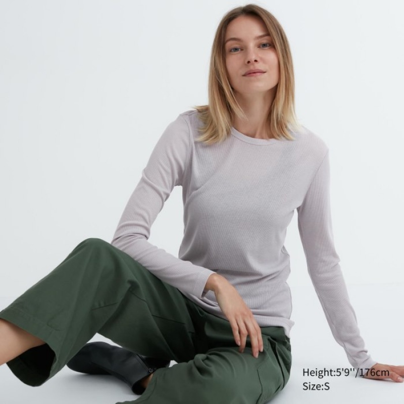 Women Uniqlo Sheer Jersey Crew Neck Long-Sleeve T Shirts Grey | 1098457
