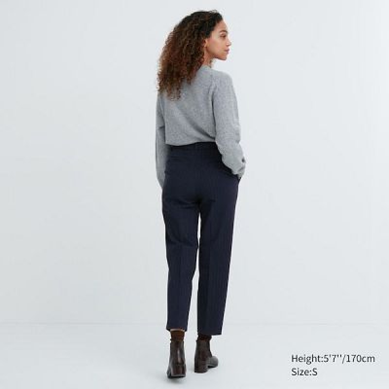 Women Uniqlo Smart Brushed Ankle (Pinstripe) Pants Navy | 3758653