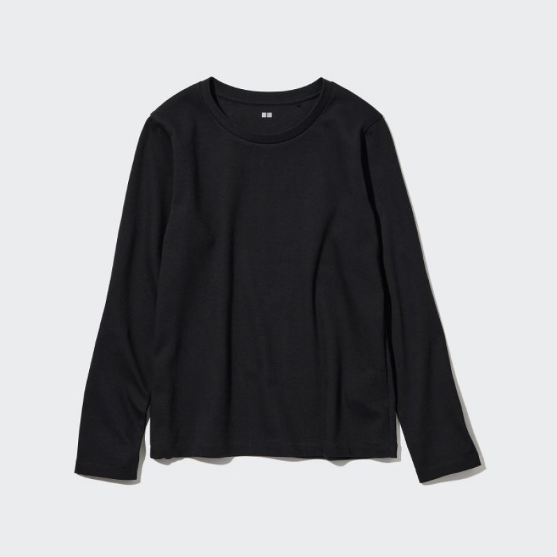 Women Uniqlo Smooth Stretch Cotton Crew Neck Long-Sleeve T Shirts Black | 8112759