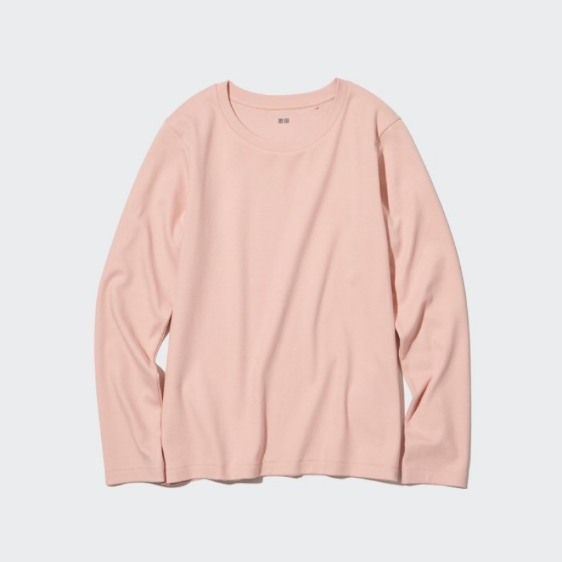 Women Uniqlo Smooth Stretch Cotton Crew Neck Long-Sleeve T Shirts Pink | 4167598