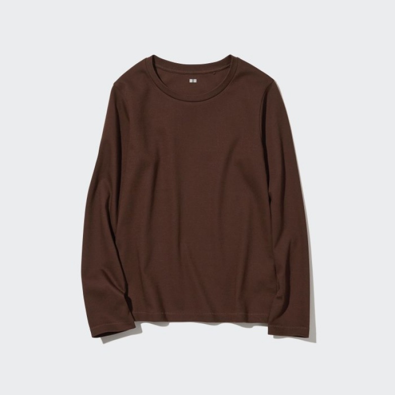 Women Uniqlo Smooth Stretch Cotton Crew Neck Long-Sleeve T Shirts Brown | 6989211