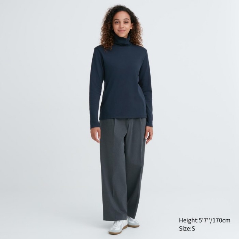 Women Uniqlo Smooth Stretch Cotton Turtleneck Long-Sleeve T Shirts White | 5762276