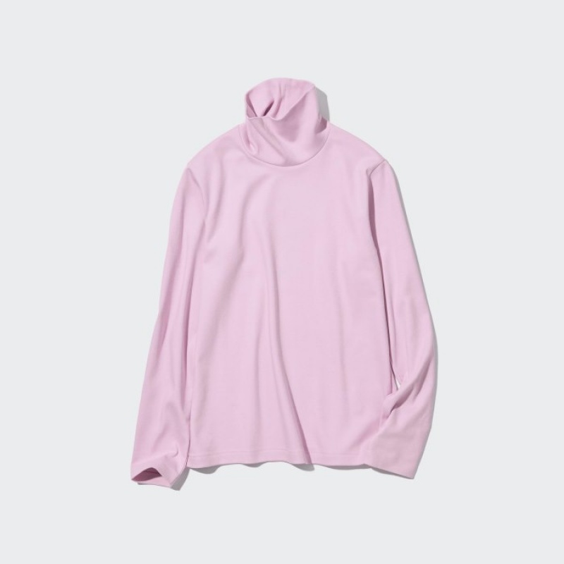 Women Uniqlo Smooth Stretch Cotton Turtleneck Long-Sleeve T Shirts Pink | 9650170