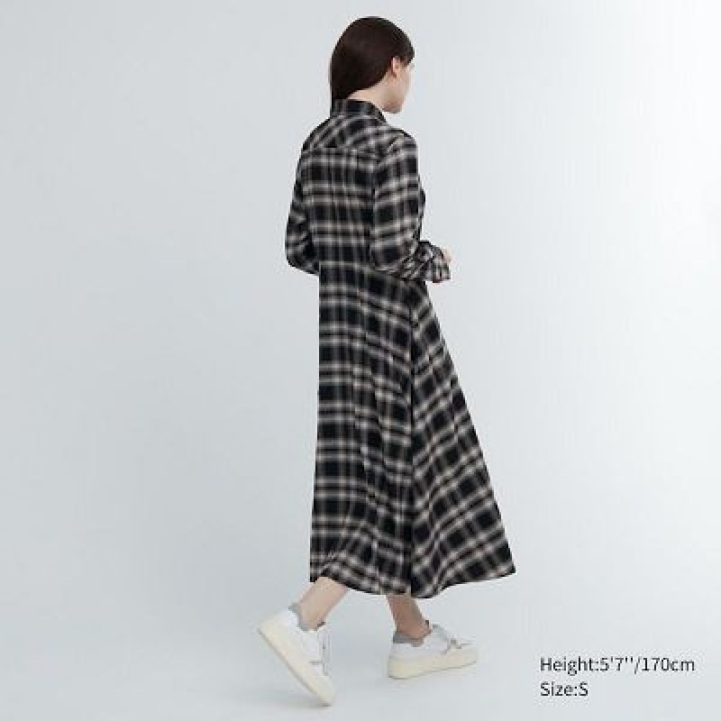 Women Uniqlo Soft Brushed Checked Long-Sleeve Dress Black | 8539644