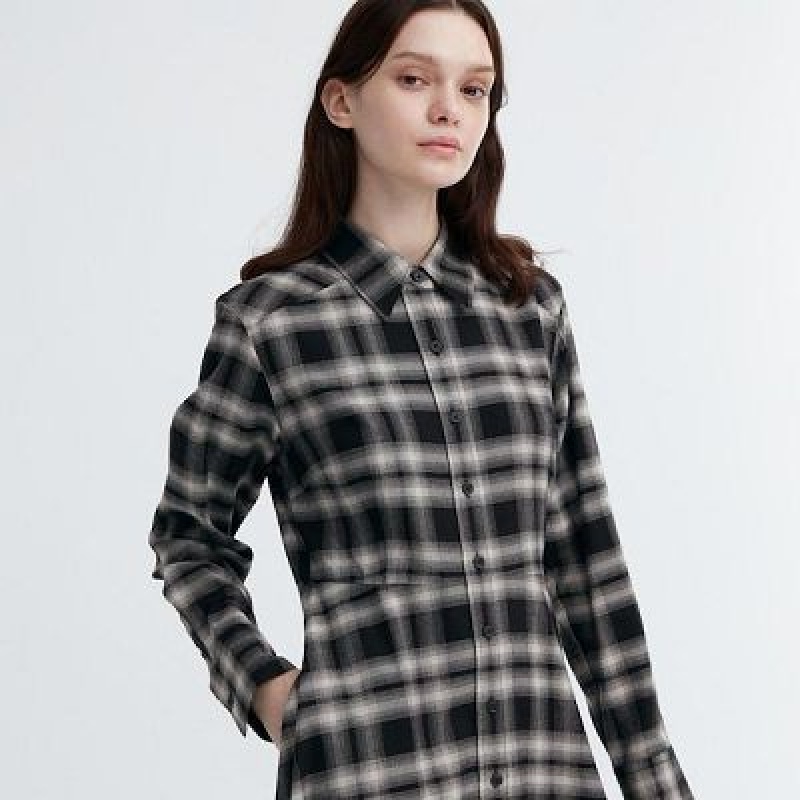 Women Uniqlo Soft Brushed Checked Long-Sleeve Dress Black | 8539644