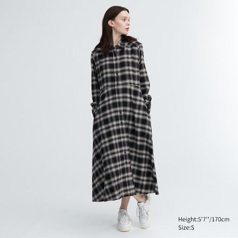 Women Uniqlo Soft Brushed Checked Long-Sleeve Dress Black | 8539644