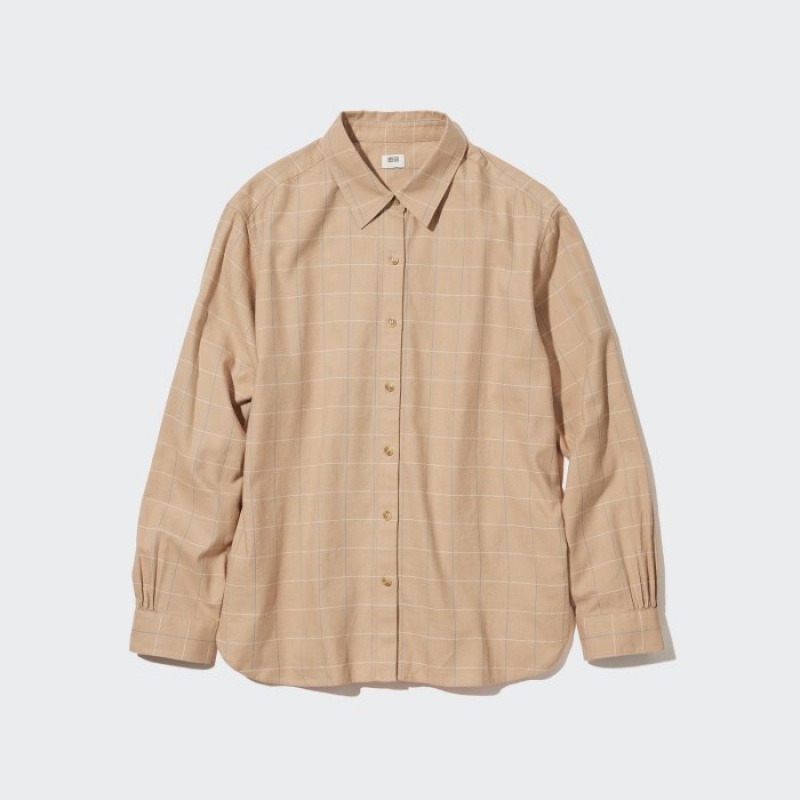 Women Uniqlo Soft Brushed Checked Long-Sleeve Shirts Beige | 5577433