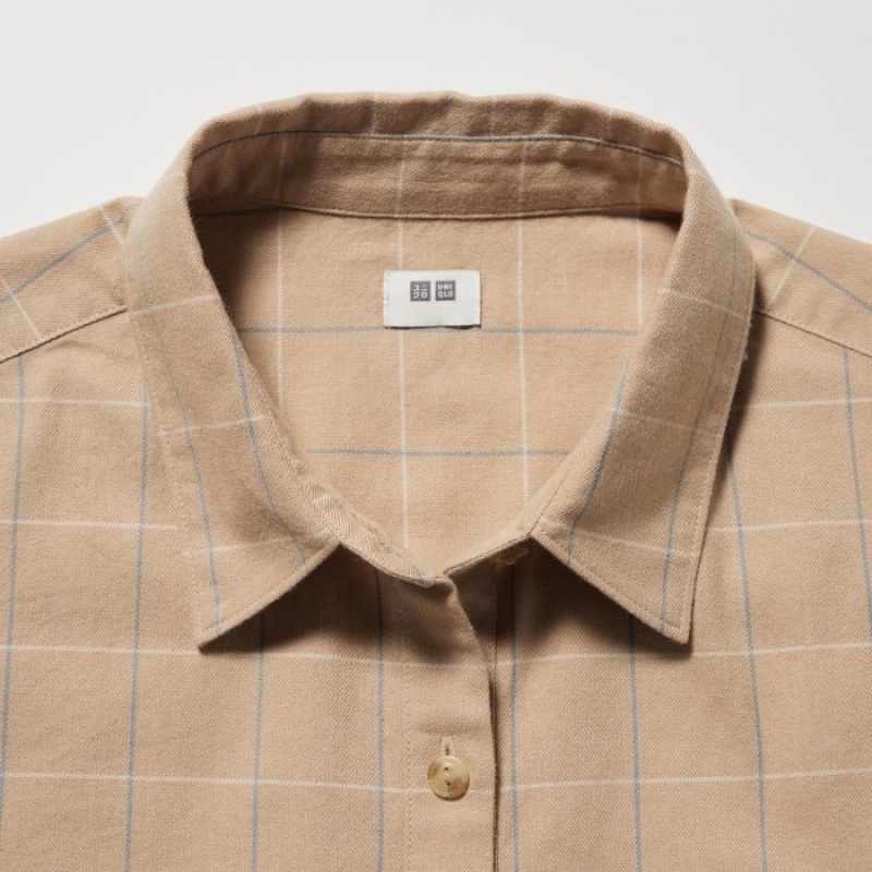 Women Uniqlo Soft Brushed Checked Long-Sleeve Shirts Beige | 5577433