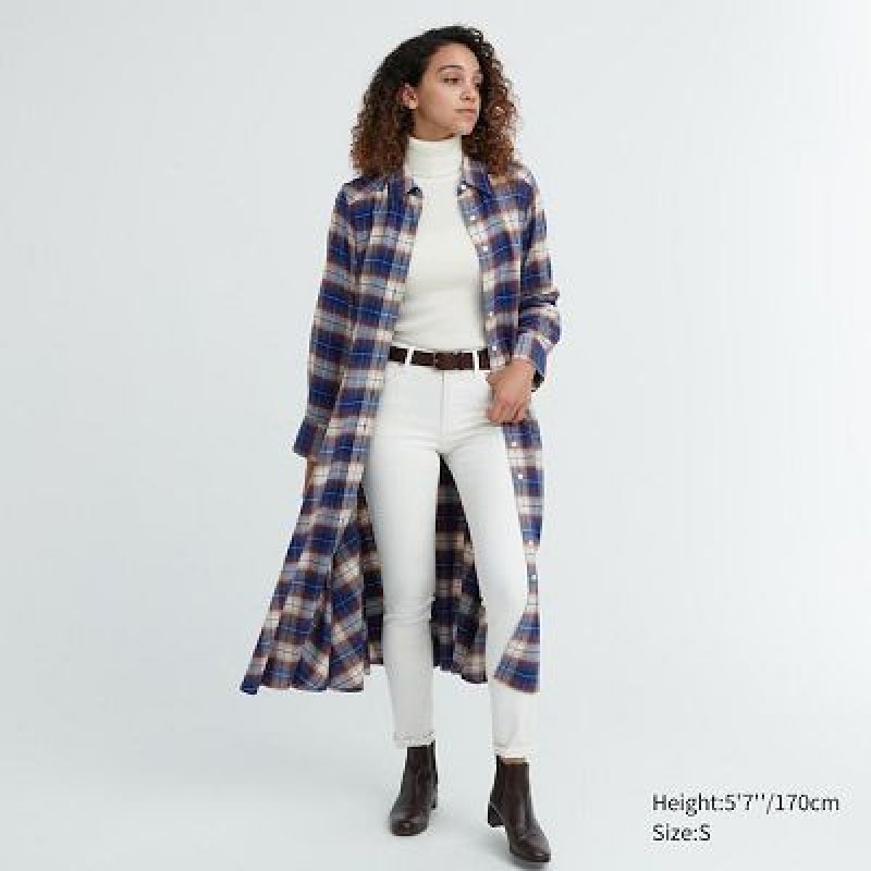 Women Uniqlo Soft Brushed Checked Long-Sleeve Dress Blue | 2733552