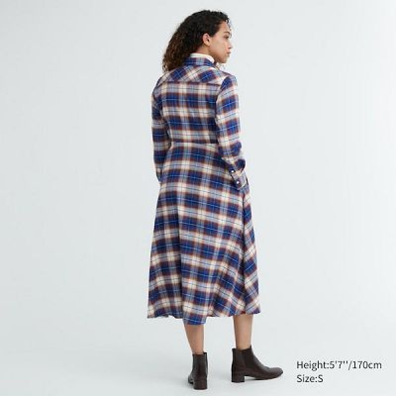 Women Uniqlo Soft Brushed Checked Long-Sleeve Dress Blue | 2733552