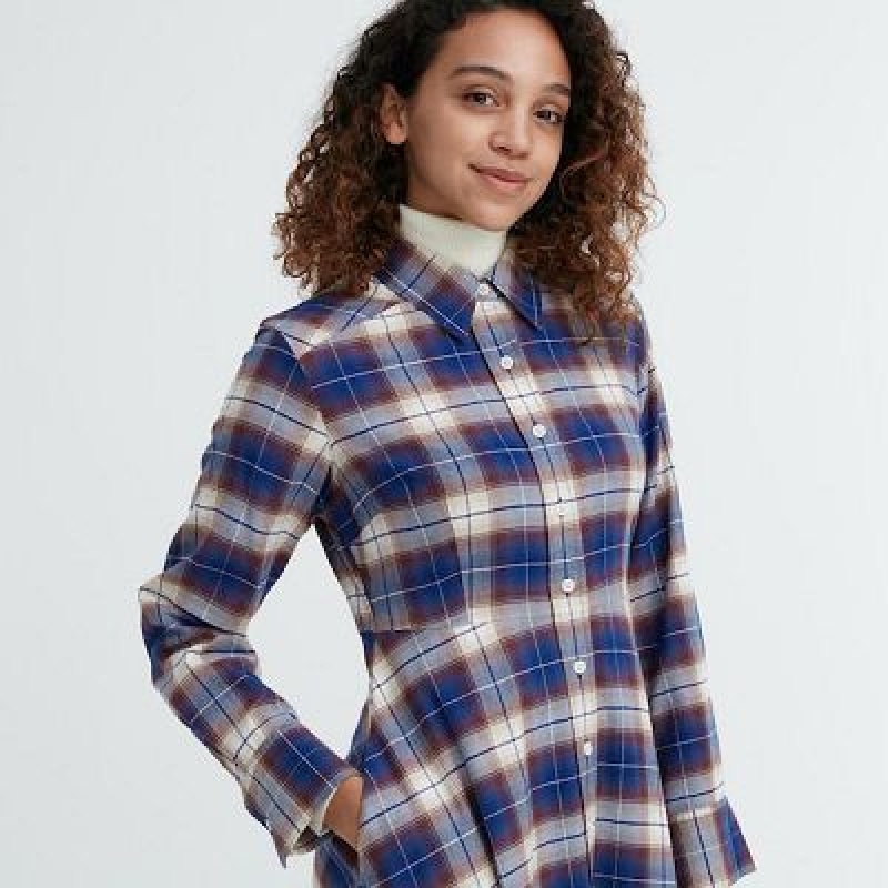 Women Uniqlo Soft Brushed Checked Long-Sleeve Dress Blue | 2733552