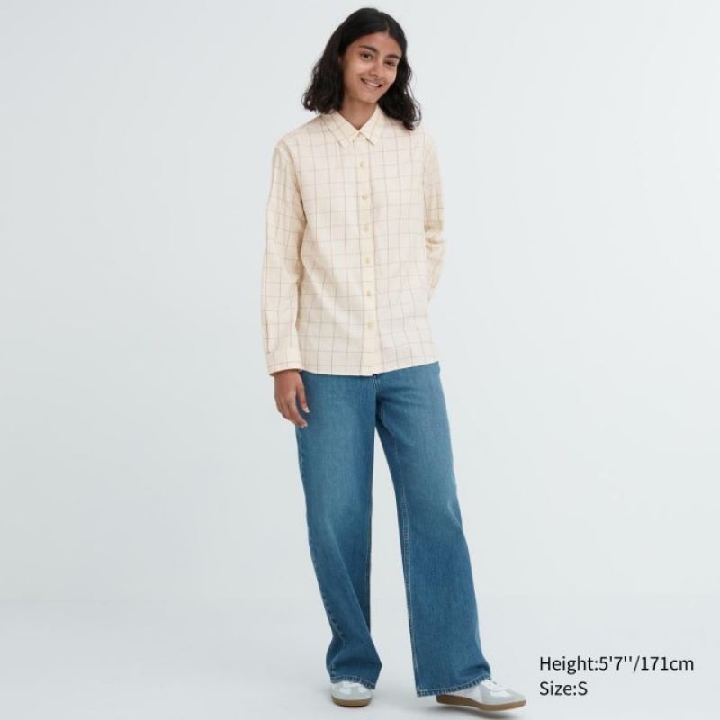 Women Uniqlo Soft Brushed Checked Long-Sleeve Shirts White | 9207037