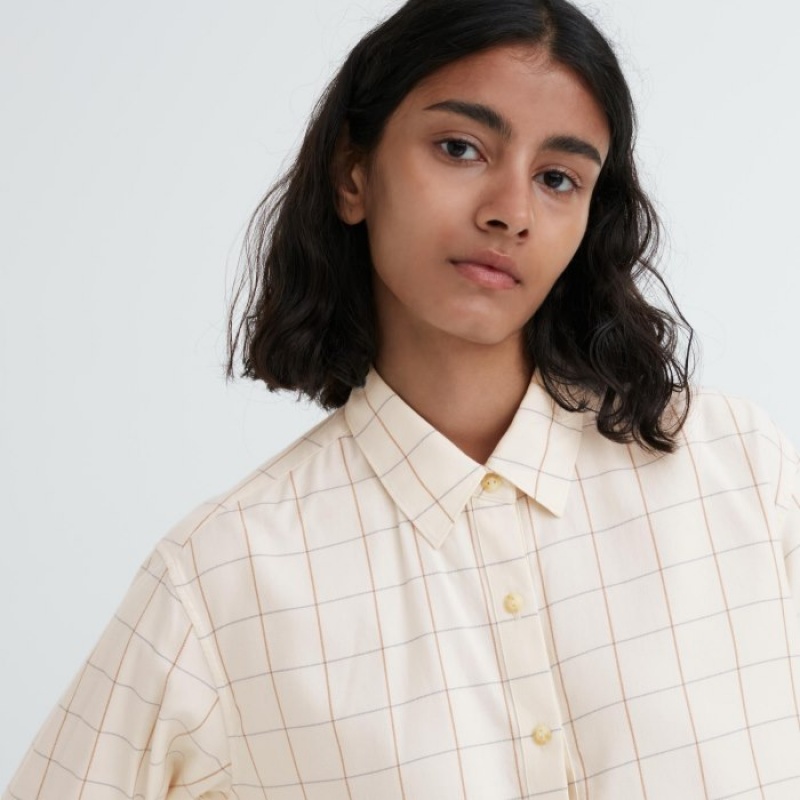 Women Uniqlo Soft Brushed Checked Long-Sleeve Shirts White | 9207037