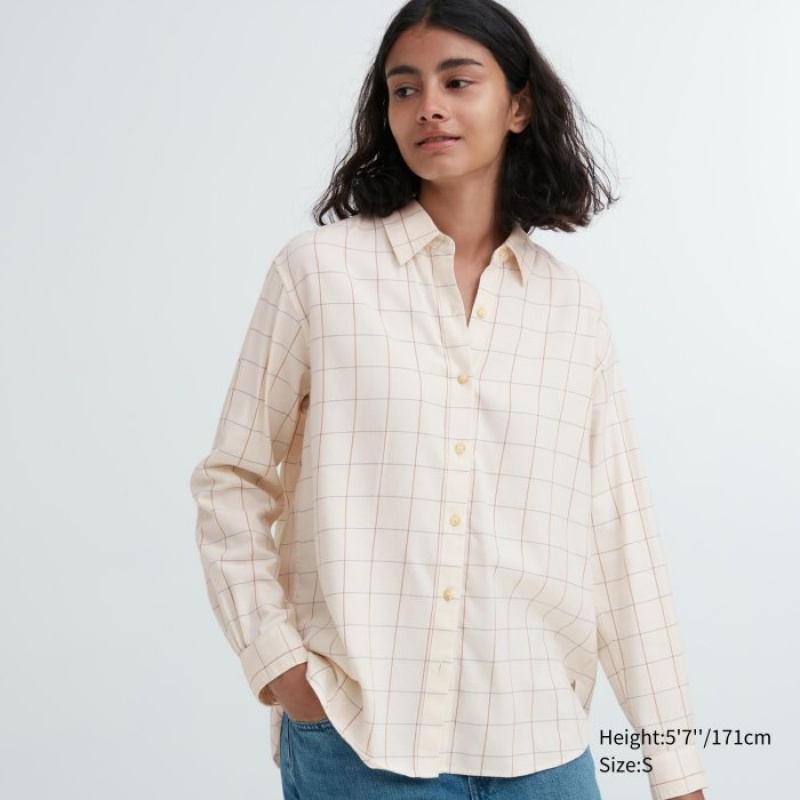 Women Uniqlo Soft Brushed Checked Long-Sleeve Shirts White | 9207037