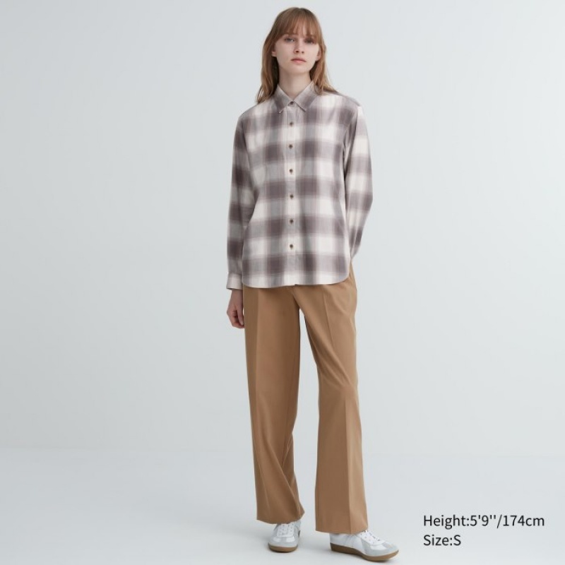 Women Uniqlo Soft Brushed Checked Long-Sleeve Shirts Brown | 7630245
