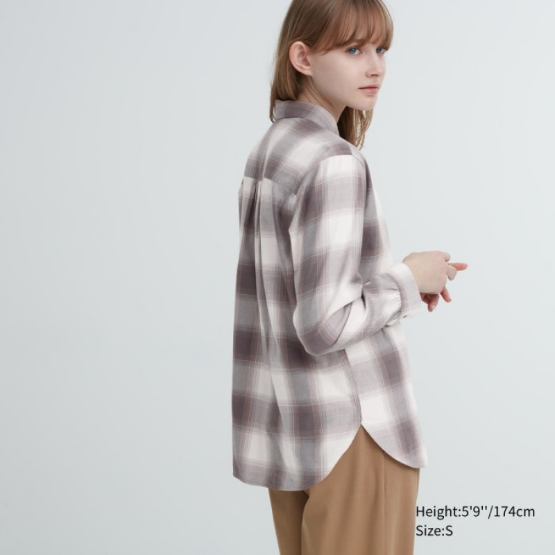 Women Uniqlo Soft Brushed Checked Long-Sleeve Shirts Brown | 7630245