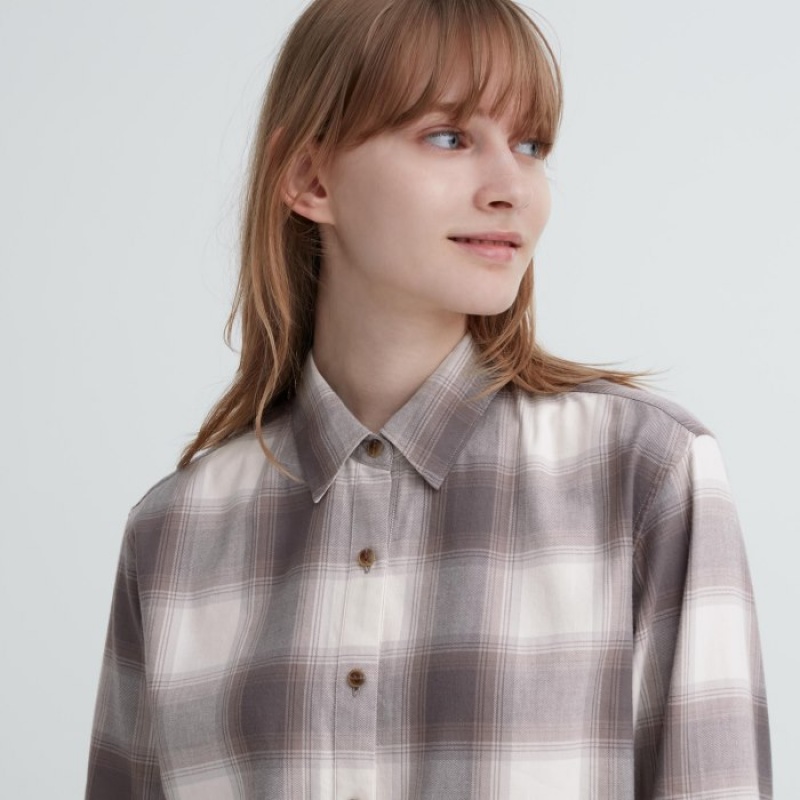 Women Uniqlo Soft Brushed Checked Long-Sleeve Shirts Brown | 7630245