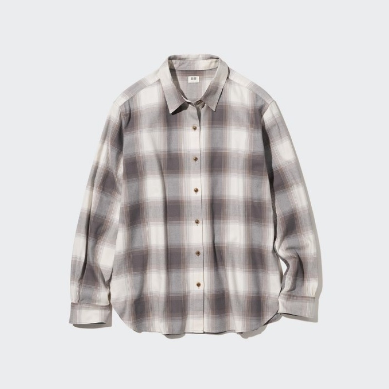 Women Uniqlo Soft Brushed Checked Long-Sleeve Shirts Brown | 7630245