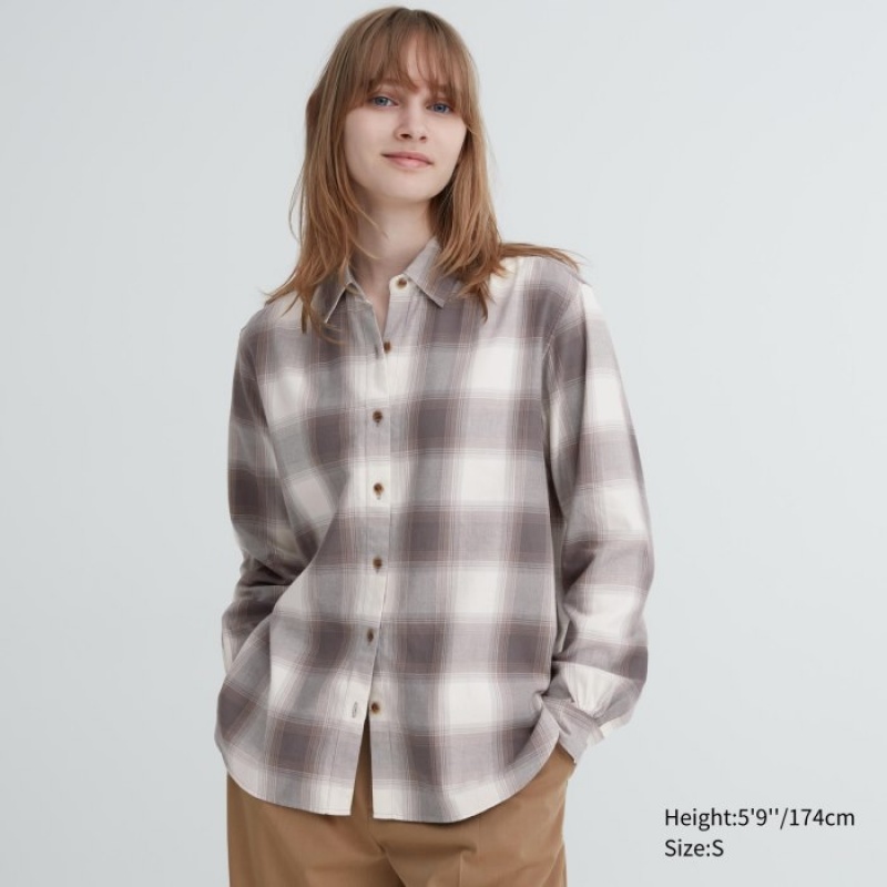 Women Uniqlo Soft Brushed Checked Long-Sleeve Shirts Brown | 7630245
