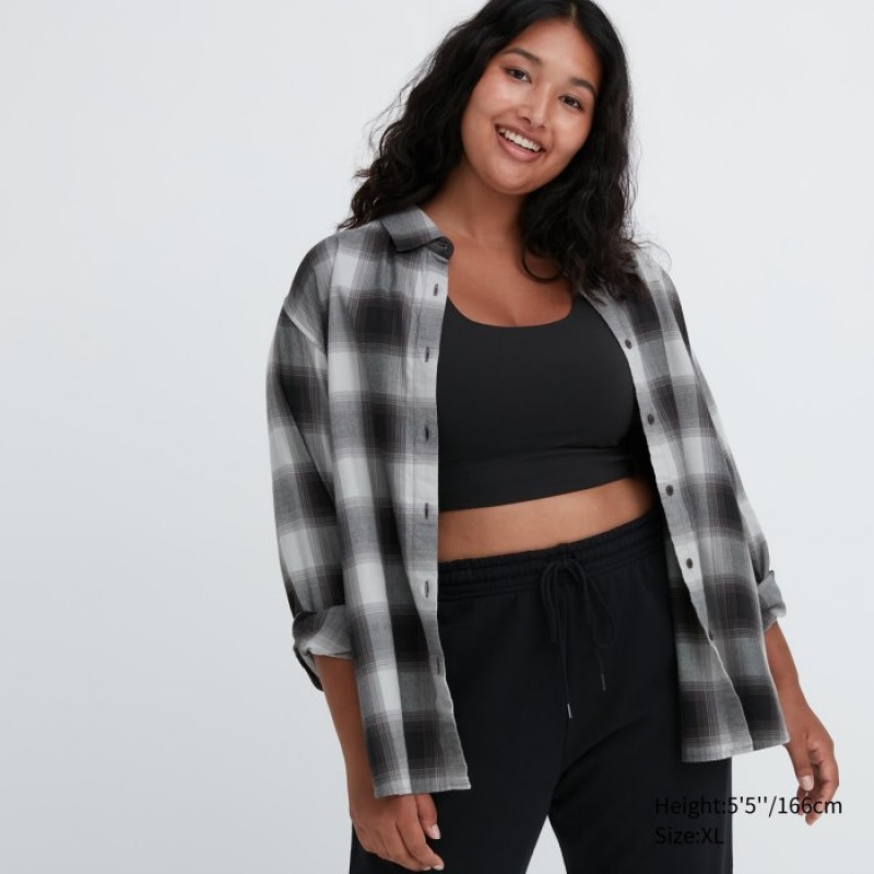 Women Uniqlo Soft Brushed Checked Long-Sleeve Shirts Grey | 8775451