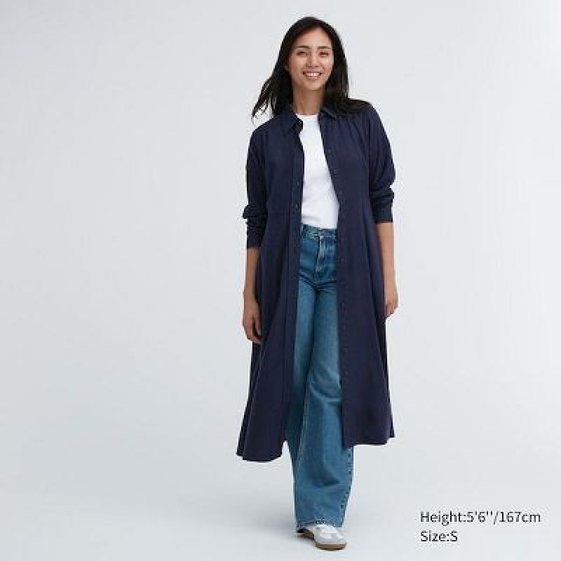 Women Uniqlo Soft Brushed Long-Sleeve Dress Navy | 5398323