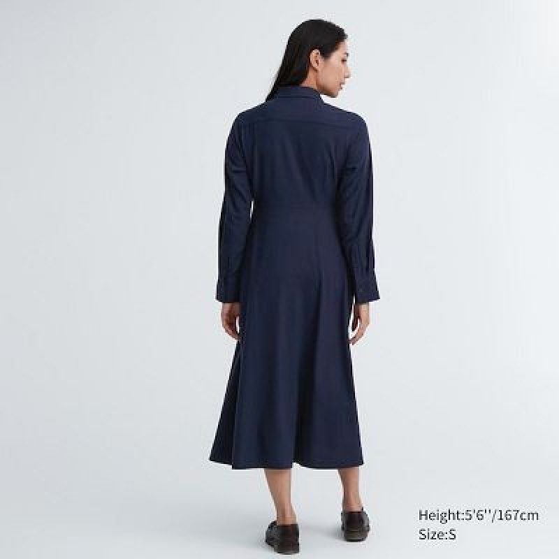 Women Uniqlo Soft Brushed Long-Sleeve Dress Navy | 5398323