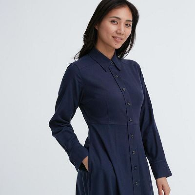 Women Uniqlo Soft Brushed Long-Sleeve Dress Navy | 5398323