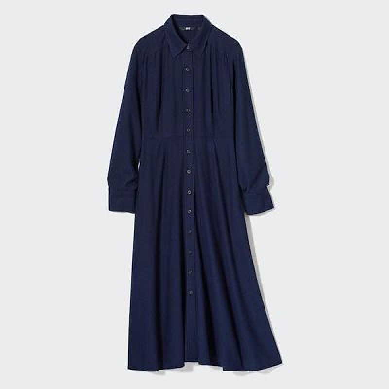Women Uniqlo Soft Brushed Long-Sleeve Dress Navy | 5398323
