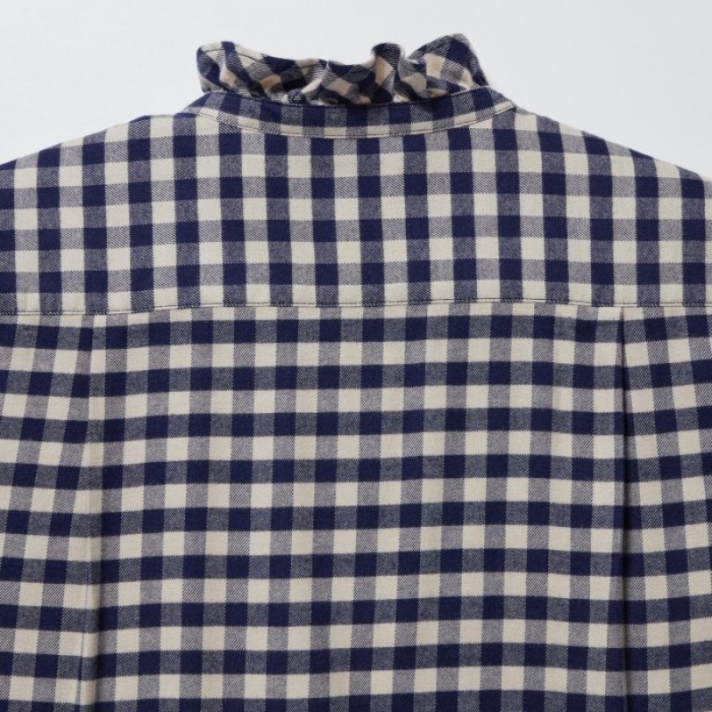 Women Uniqlo Soft Brushed Stand Collar Long-Sleeve Shirts Blue | 8057235