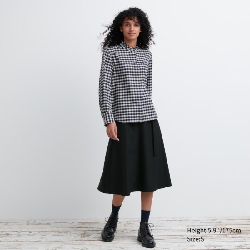 Women Uniqlo Soft Brushed Stand Collar Long-Sleeve Shirts Blue | 8057235