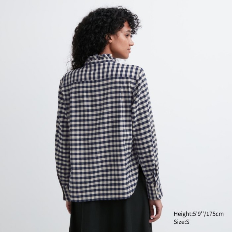 Women Uniqlo Soft Brushed Stand Collar Long-Sleeve Shirts Blue | 8057235