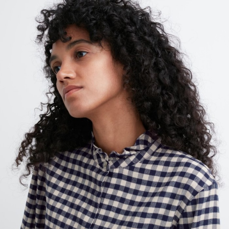 Women Uniqlo Soft Brushed Stand Collar Long-Sleeve Shirts Blue | 8057235