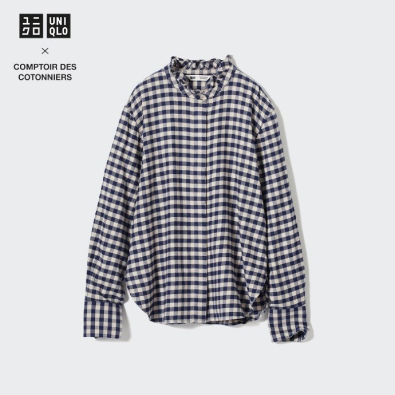 Women Uniqlo Soft Brushed Stand Collar Long-Sleeve Shirts Blue | 8057235