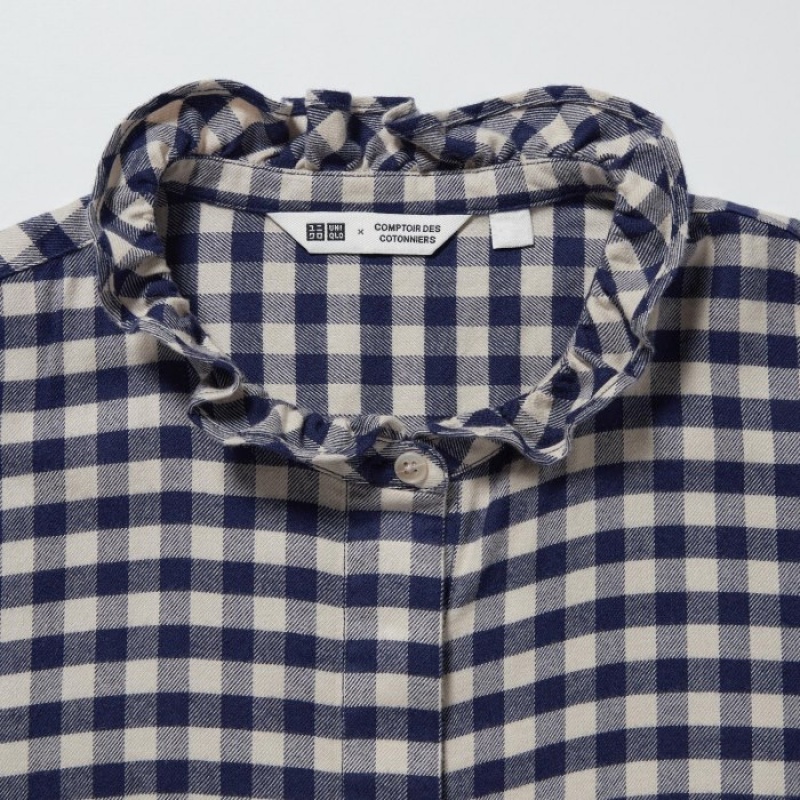 Women Uniqlo Soft Brushed Stand Collar Long-Sleeve Shirts Blue | 8057235