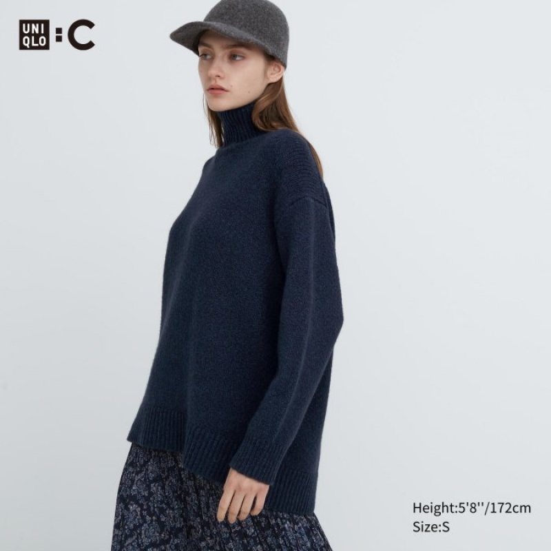 Women Uniqlo Soft Knit High Neck Long-Sleeve Sweaters Navy | 2456313