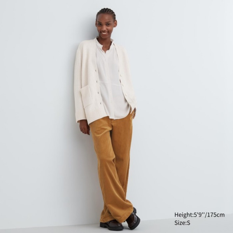 Women Uniqlo Soft Knit V-Neck Flare Long-Sleeve Cardigan White | 3043954