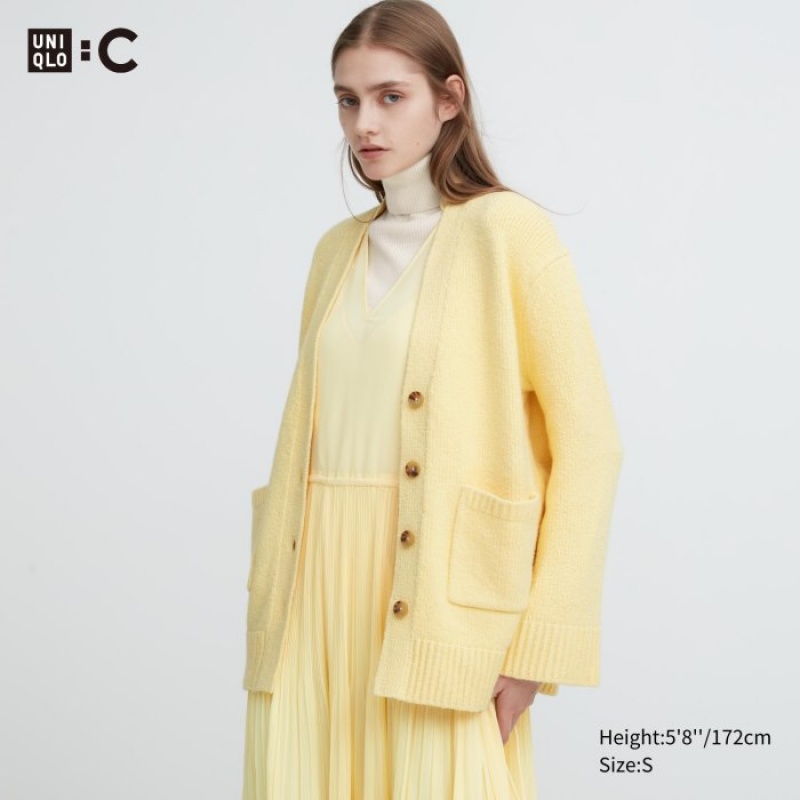 Women Uniqlo Soft Knit V-Neck Flare Long-Sleeve Cardigan Yellow | 9601063