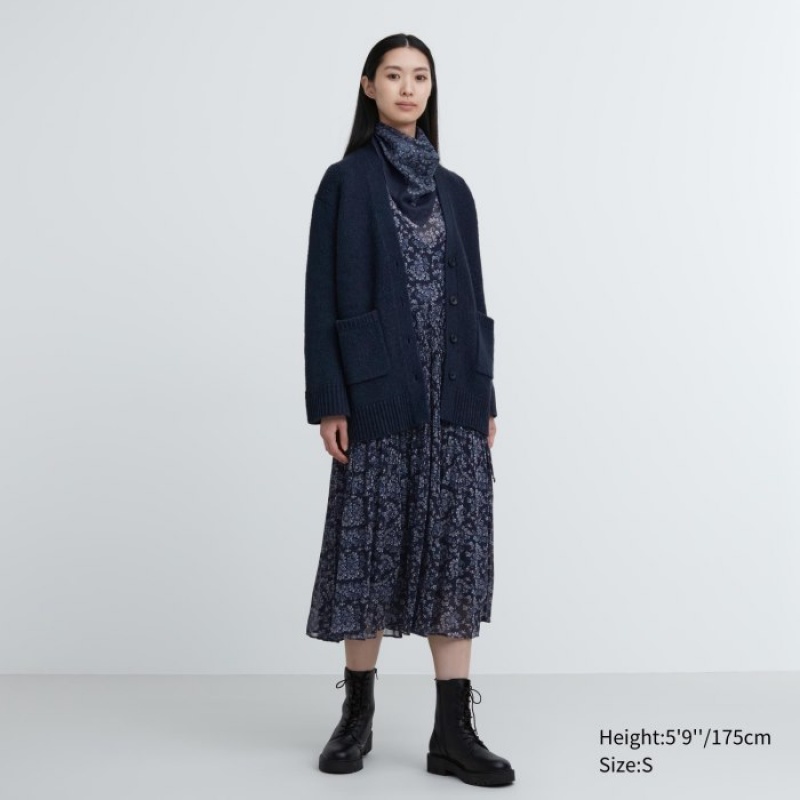 Women Uniqlo Soft Knit V-Neck Flare Long-Sleeve Cardigan Navy | 6329552